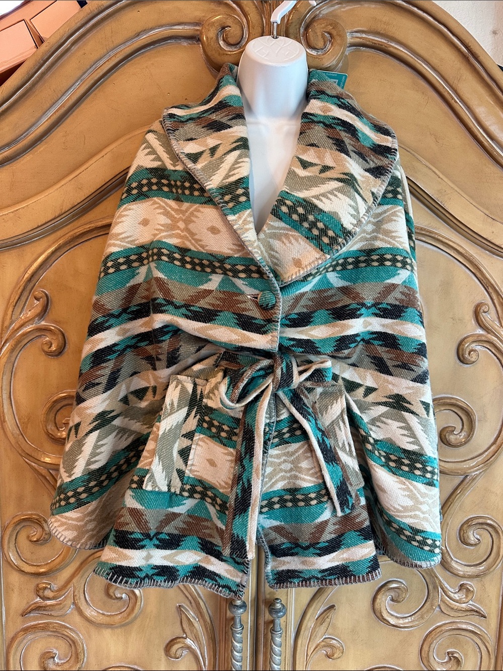 NWT Southwestern Pattern Belted Poncho - Teal, Brown, Cream